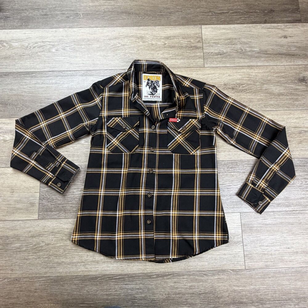 Dixxon Flannel The Podium Shirt Womens Size Medium Black Yellow Plaid Button Up